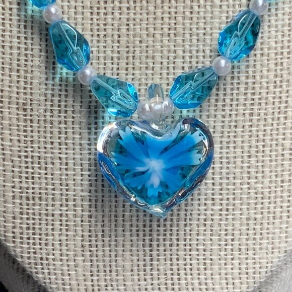 Glass Heart Pendant Necklace 18 In Pearl Turquoise Blue Silver Mermaid Flower - Picture 3 of 9